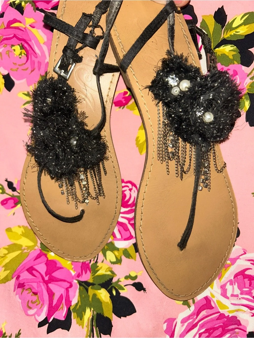 Naughty Monkey Black crystal thong sandals flip flops 90’s Y2K vintage shoes 9